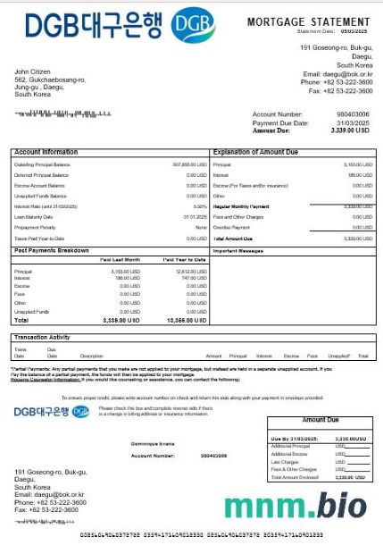 Korea Południowa Daegu Bank wyciąg z kredytu hipotecznego w formatach Word i PDF